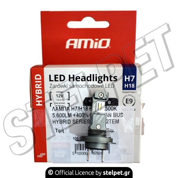 ΛΑΜΠΑ H7/H18 60W 6.500K 5.600LM +400% LED CAN BUS HYBRID SERIES AMIO 2TEM